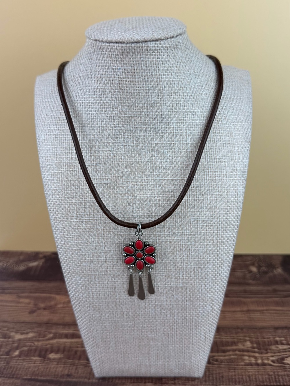 Lauren Ralph Lauren Southwestern Red Coral Flower Pendant Leather Cord Necklace